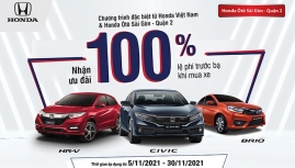 Honda Việt Nam tặng 100% lệ phí trước bạ cho Civic, HR-V và Honda Brio